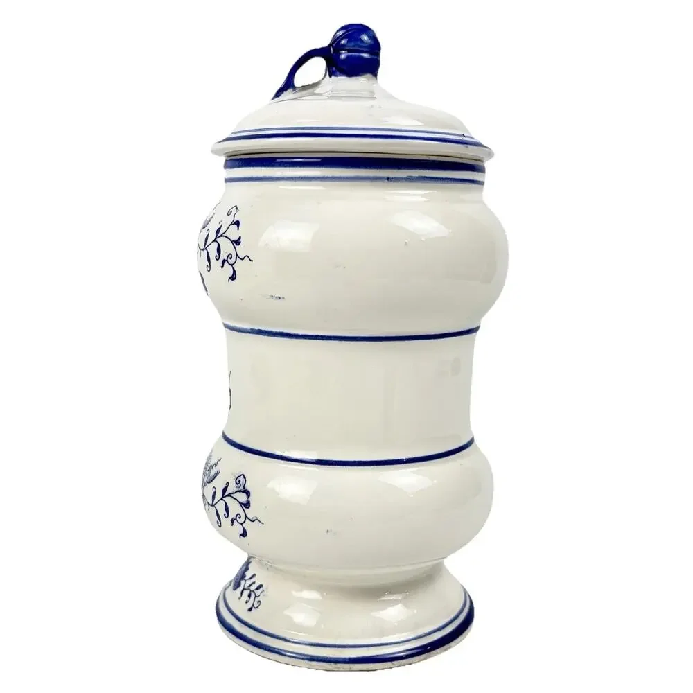 VTG Arnart Blue Onion Danube Ceramic Cookie Canister Jar w/Lid White Floral Blue